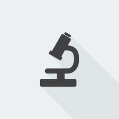 Black flat Microscope icon with long shadow on white background