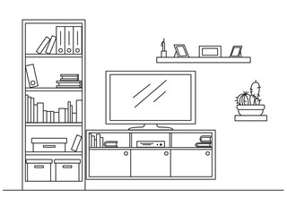 Linear sketch of the interior. Bookcase, dresser with TV and shelves. Vector illustration.