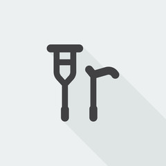 Black flat Crutch Cane icon with long shadow on white background
