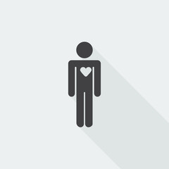Black flat Heart icon with long shadow on white background