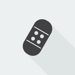Black flat Adhesive Bandage icon with long shadow on white backg