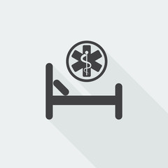 Black flat Hospital Bed icon with long shadow on white backgroun