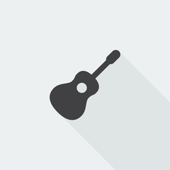 Black flat Guitar icon with long shadow on white background