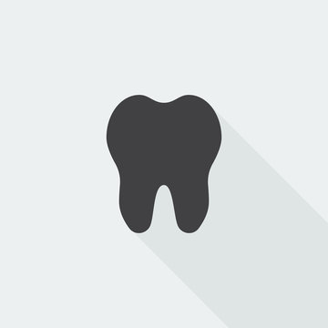 Black flat Tooth icon with long shadow on white background