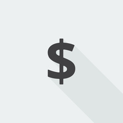 Black flat Dollar icon with long shadow on white background