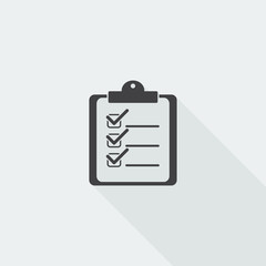 Black flat Clipboard Checklist icon with long shadow on white ba