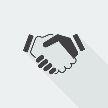 Black flat Handshake Agreement icon with long shadow on white ba