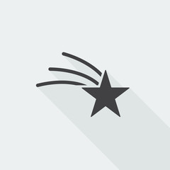Black flat Shooting Star icon with long shadow on white backgrou