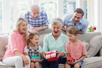 Family opening the surprise gift in living room