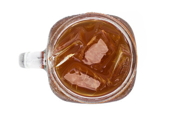 Closeup top view ice of americano coffee on white background