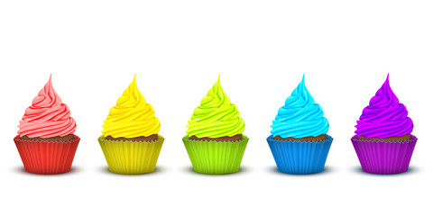 Five cupcakes bright supersaturated colors