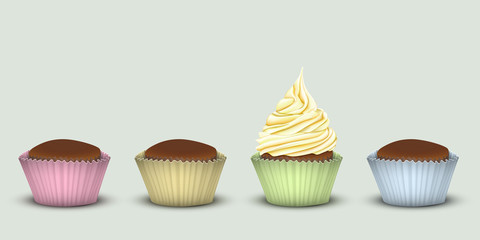 Four cupcakes in multi-colored pieces of paper