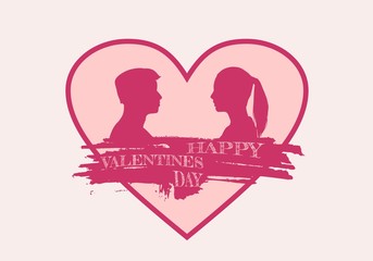 Man and woman silhouettes looking at each other. Grunge brush stroke. Happy valentines day and wedding design elements. Vector illustration. Big heart on backdrop. Side view. Happy Valentine Day text