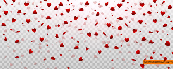 Heart confetti of Valentines petals falling on transparent background. Decor element Template for Valentine's designs, invitation, party, birthday, wedding. Flower petal in shape of heart confetti.