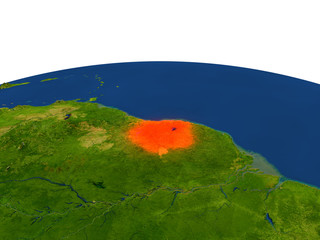 Suriname in red from orbit