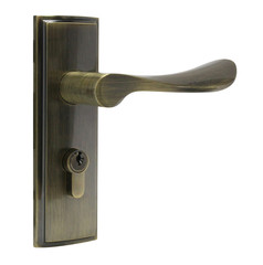 Door handle of bronze color on white background side view.