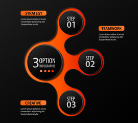  3 options, steps or processes 3D digital illustration Infographic and marketing icons vector can be used for workflow layout, diagram, annual report, web design in black and orange color