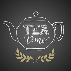 Teapot drawn on chalkboard with Tea Time lettering