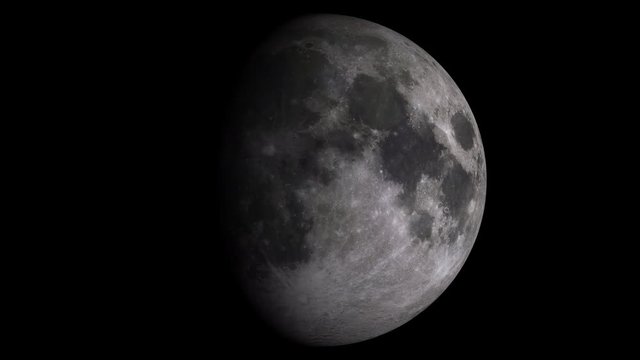 Loopable W/Alpha: Moon Phases / Moon Surface / Lunar Surface. Moon phases with solid black shadow. Libration in horizontal axis. 14-seconds loop with alpha-matte. Isolated on black background.
