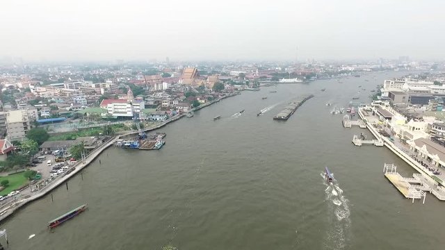 Phra Phuttha Yodfa Bridge, Memorial Bridge Bangkok Thailand November 2016 ; Aerial view on the Chao Phraya River 