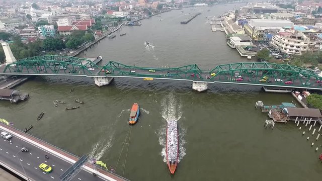 Phra Phuttha Yodfa Bridge, Memorial Bridge Bangkok Thailand November 2016 ; Aerial view on the Chao Phraya River 