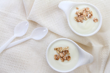 Close up natural creamy white yogurt in cup