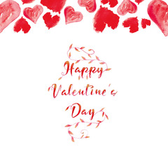 Открытка ко дню святого Валентина с красными сердцами. Акварельный рисунок