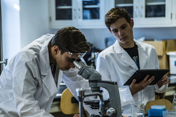 Two young male researchers working in the laboratory