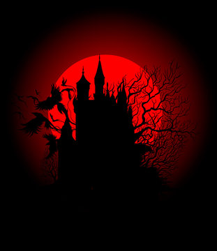 spooky black castle on the background of the bloody moon