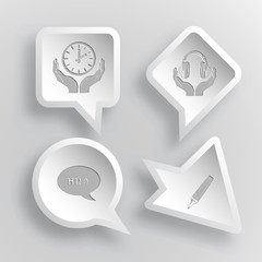 4 images: clock in hands, headphones in hands, chat symbol, felt