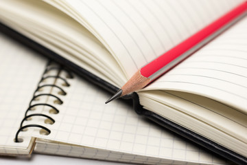 Pencil on the pages of an open notebook for records