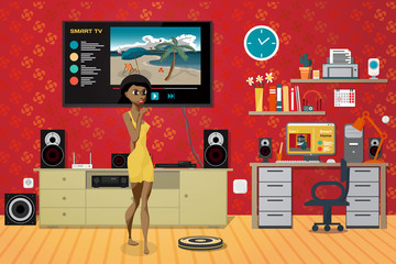 Young woman in the living room. Home theater, stereo, workplace.