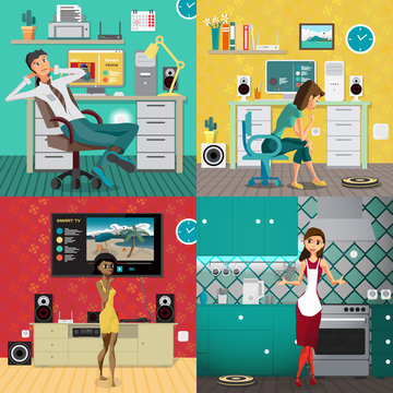 Set of illustrations of people in home interiors. Technology con