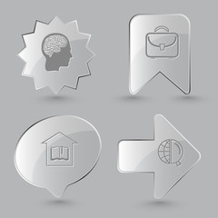 4 images: human brain, briefcase, library, globe and magnifying