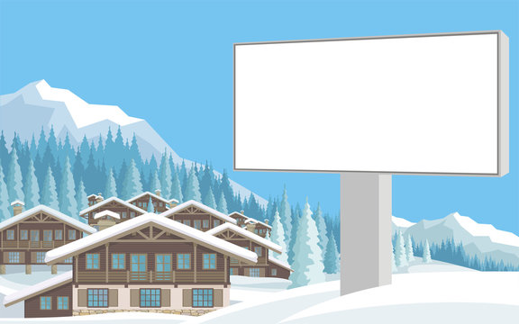 The image of a chalet in snowy mountains. Beautiful winter landscape. Vector background.