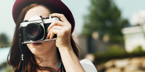Girl Camera Photographer Focus Shooting Nature Concept