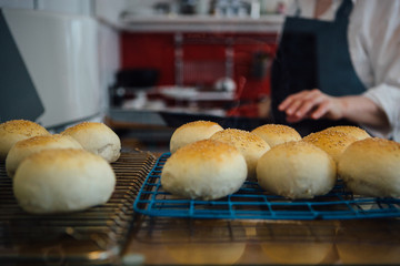 Sesame buns baking on oven-tray