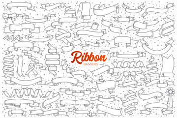 Hand drawn set of ribbon banners doodles with red lettering in vector