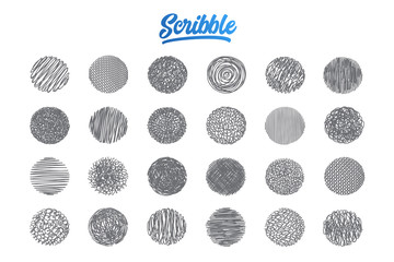 Hand drawn scribble set pattern background with blue lettering in vector