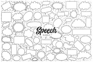 Hand drawn set of speech bubble doodles with black lettering in vector