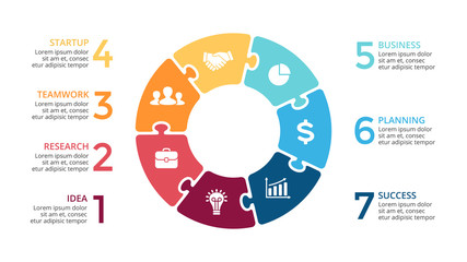 Vector circle arrows puzzle infographic, cycle diagram, jigsaw graph, presentation chart. Business concept with 7 options, parts, steps, processes.