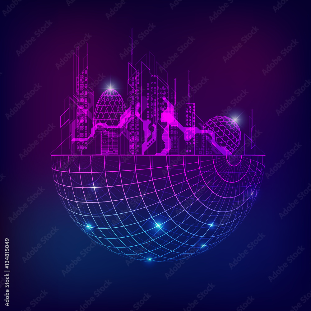 Poster futuristic city combined with a wireframe planet, digital building in a matrix style