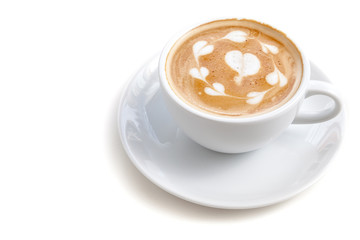 Coffee cup of latte art many heart shape on white background iso