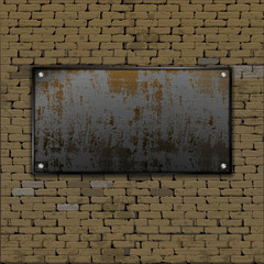 Old brick wall with a blank sheet of rusty metal, screwed on the bolts. There is a place for a picture or text in any color.