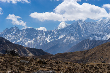 Himalaya mountain range landscape after cross Renjo la pass, Eve