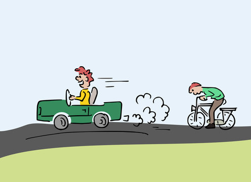 Jongen doet wedstrijd op de fiets tegen een auto