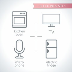 Electronics Vector design modern contour icons with background, TV, kitchen oven, microphone, electric fridge