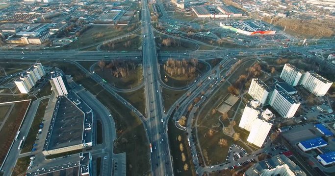 Highway from the height of bird flight. Crossroads. Shooting with the drone. 4k footage.