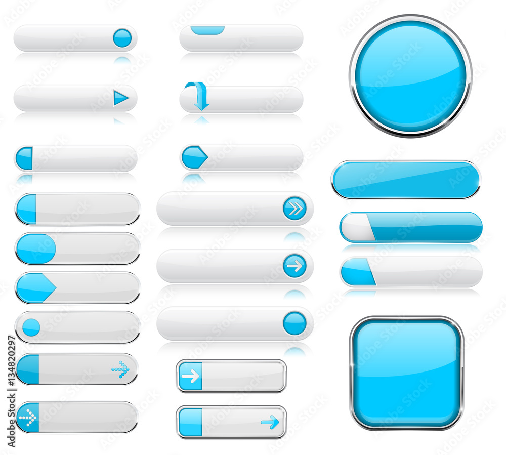 Sticker white and blue menu buttons. interface elements with metal frame