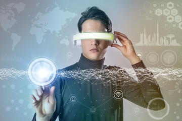 young man wearing heads mount display, wearable device, futuristic abstract image visual